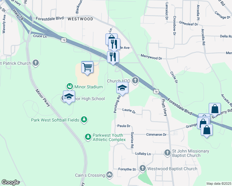 map of restaurants, bars, coffee shops, grocery stores, and more near 2201 Pershing Road in Birmingham