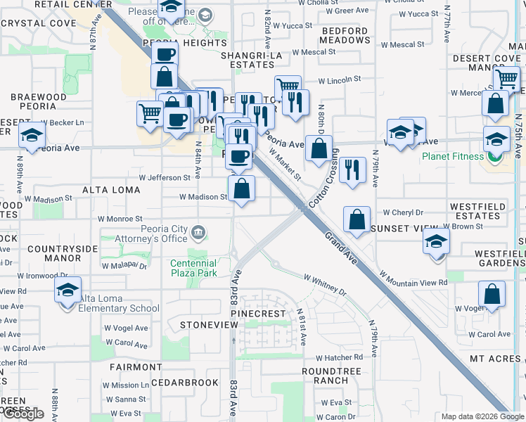 map of restaurants, bars, coffee shops, grocery stores, and more near 8244 West Monroe Street in Peoria
