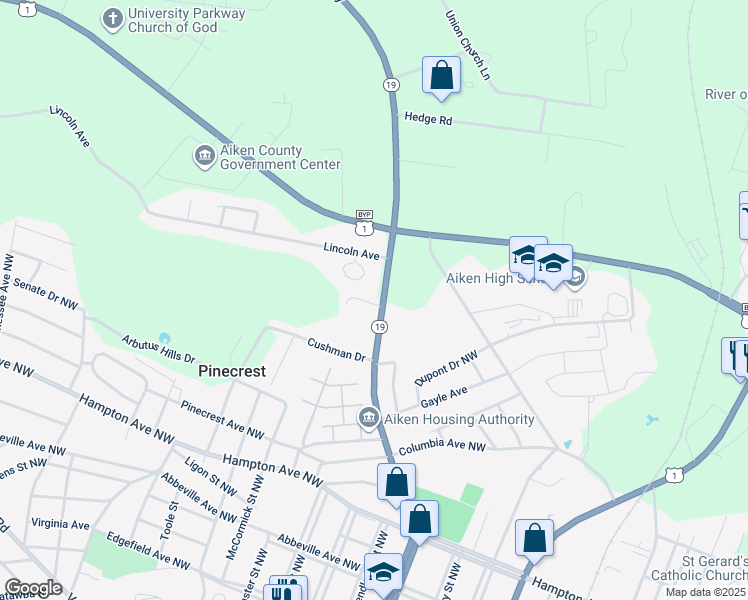 map of restaurants, bars, coffee shops, grocery stores, and more near 916-974 Laurens Street Northwest in Aiken