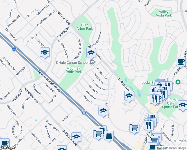 map of restaurants, bars, coffee shops, grocery stores, and more near 24023 Orleans Lane in Murrieta