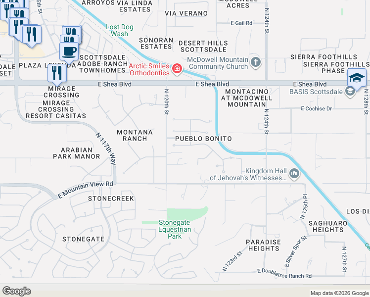 map of restaurants, bars, coffee shops, grocery stores, and more near 12089 East Arabian Park Drive in Scottsdale