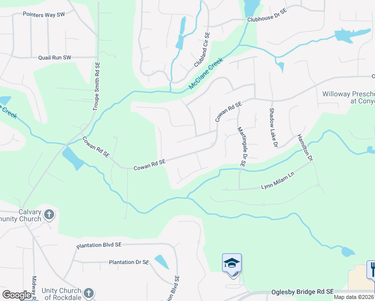 map of restaurants, bars, coffee shops, grocery stores, and more near 300 Cowan Road Southeast in Conyers