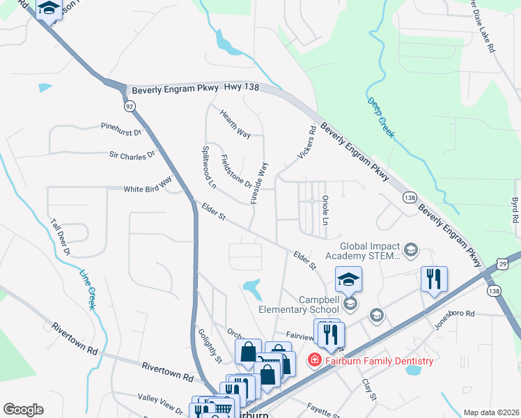 map of restaurants, bars, coffee shops, grocery stores, and more near 39 Fireside Way in Fairburn