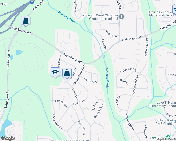 map of restaurants, bars, coffee shops, grocery stores, and more near 2580 Foxlair Trail in College Park