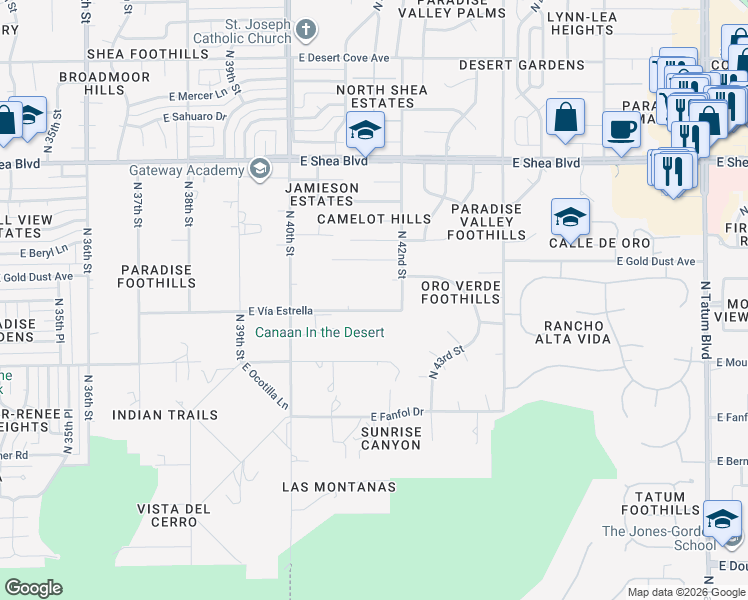 map of restaurants, bars, coffee shops, grocery stores, and more near 4142 East Vía Estrella in Phoenix