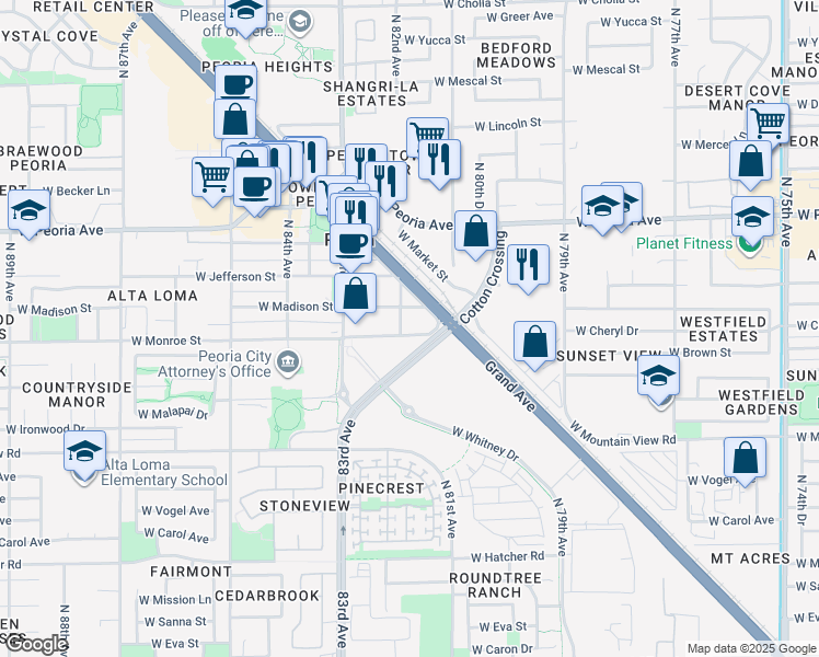 map of restaurants, bars, coffee shops, grocery stores, and more near 8160 West Monroe Street in Peoria
