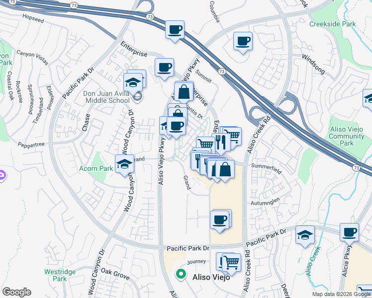 map of restaurants, bars, coffee shops, grocery stores, and more near 16 Compass Court in Aliso Viejo