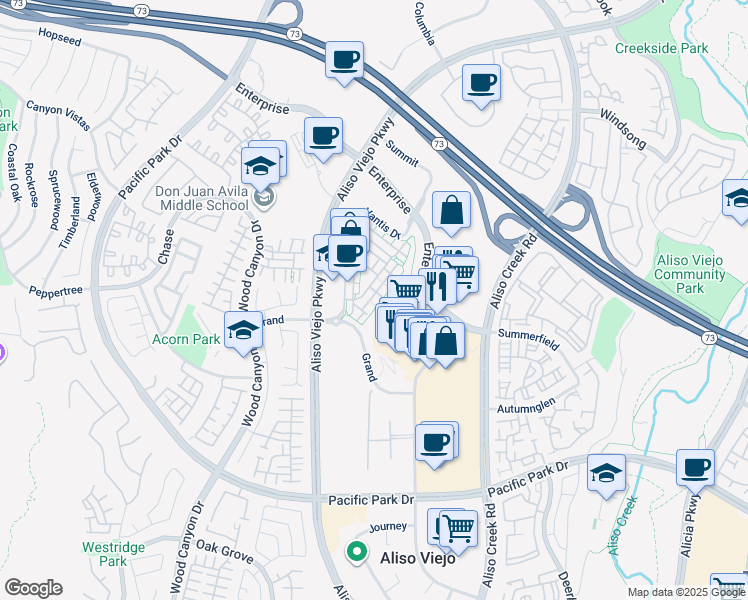 map of restaurants, bars, coffee shops, grocery stores, and more near 22 Meridian Drive in Aliso Viejo