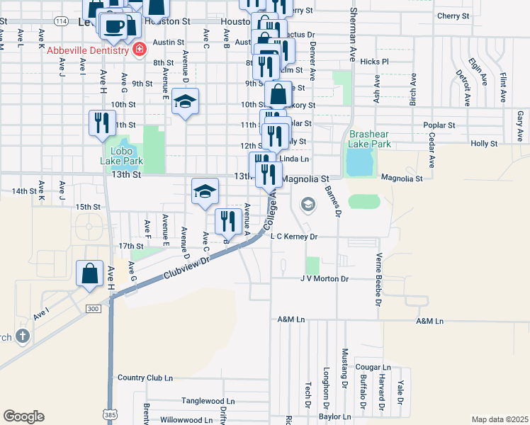 map of restaurants, bars, coffee shops, grocery stores, and more near 1408 College Avenue in Levelland