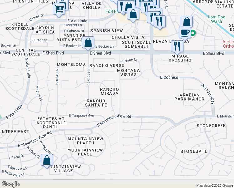 map of restaurants, bars, coffee shops, grocery stores, and more near 11160 East Gold Dust Avenue in Scottsdale
