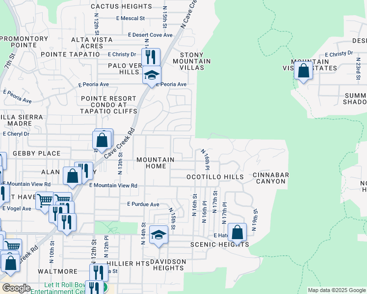 map of restaurants, bars, coffee shops, grocery stores, and more near 1525 East Cheryl Drive in Phoenix