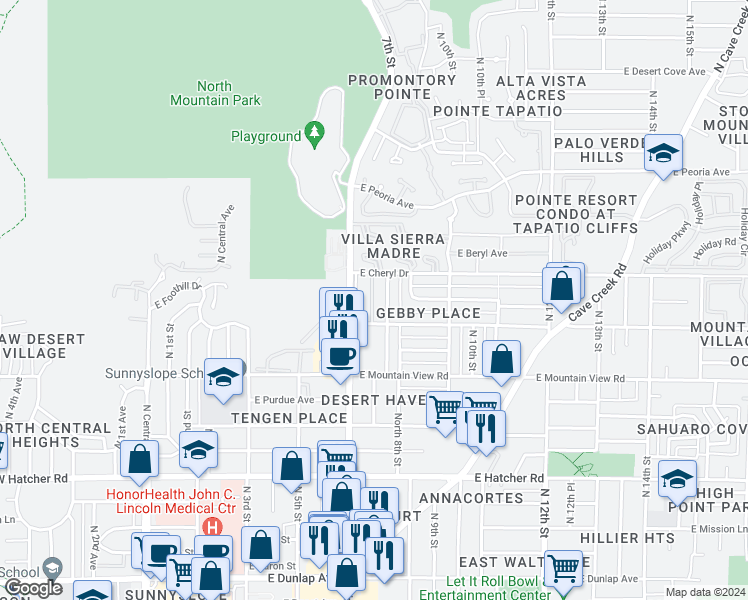 map of restaurants, bars, coffee shops, grocery stores, and more near 10015 North 7th Place in Phoenix