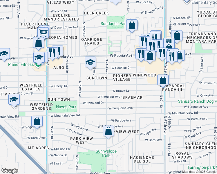 map of restaurants, bars, coffee shops, grocery stores, and more near 7108 West Brown Street in Peoria