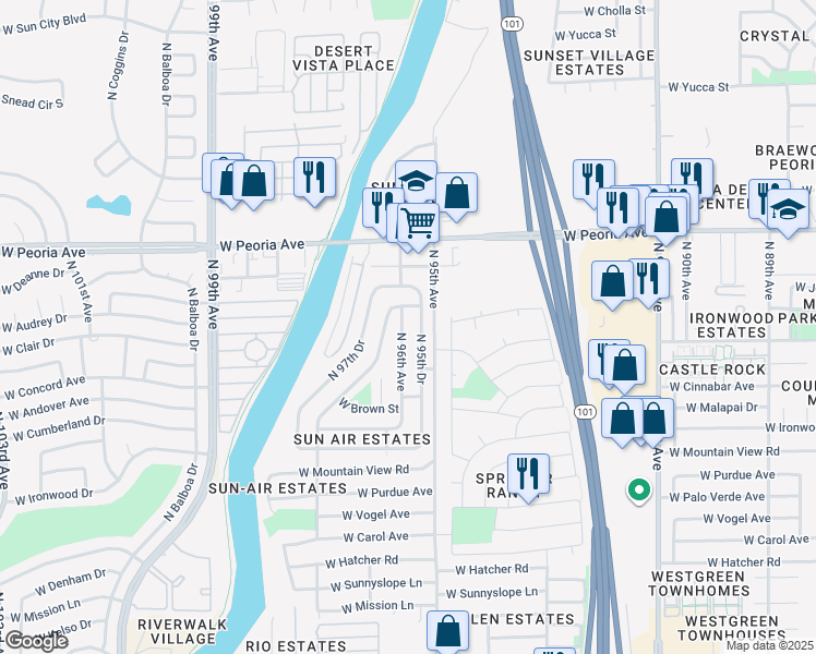 map of restaurants, bars, coffee shops, grocery stores, and more near 10216 North 95th Drive in Peoria