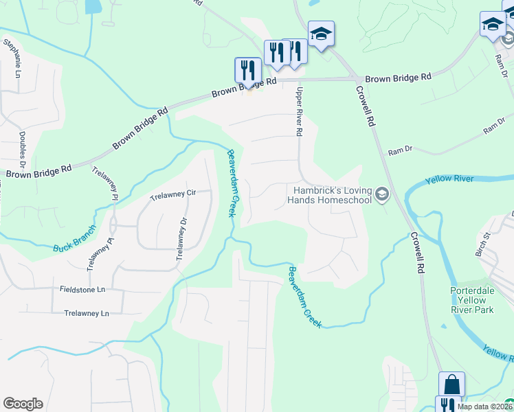 map of restaurants, bars, coffee shops, grocery stores, and more near 100 East Lawn Court in Covington