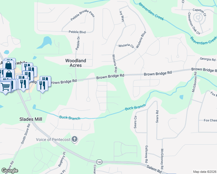 map of restaurants, bars, coffee shops, grocery stores, and more near 55 Amberjack Trail in Covington
