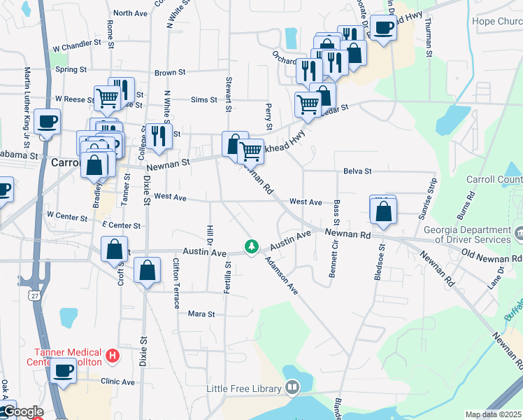map of restaurants, bars, coffee shops, grocery stores, and more near 427 West Avenue in Carrollton