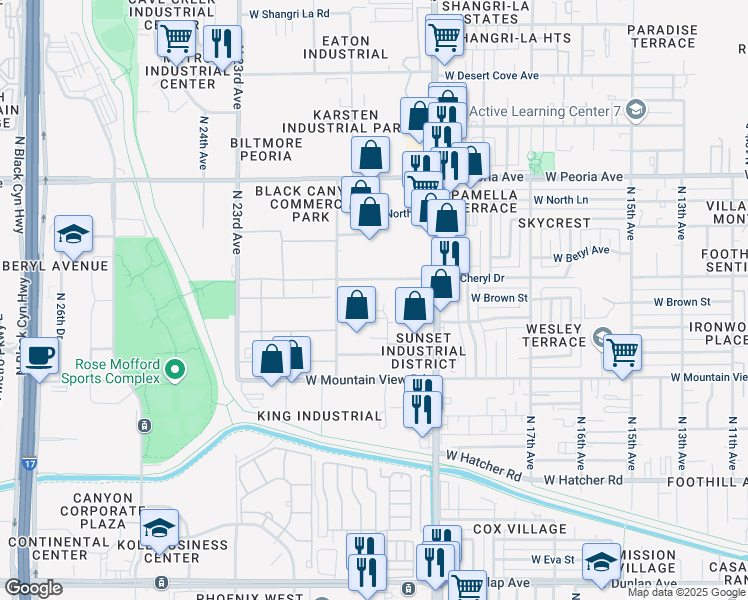 map of restaurants, bars, coffee shops, grocery stores, and more near 2021 West Cheryl Drive in Phoenix
