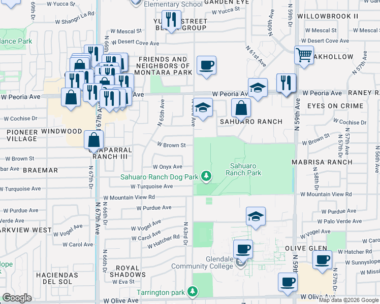 map of restaurants, bars, coffee shops, grocery stores, and more near 6310 West Cinnabar Avenue in Glendale