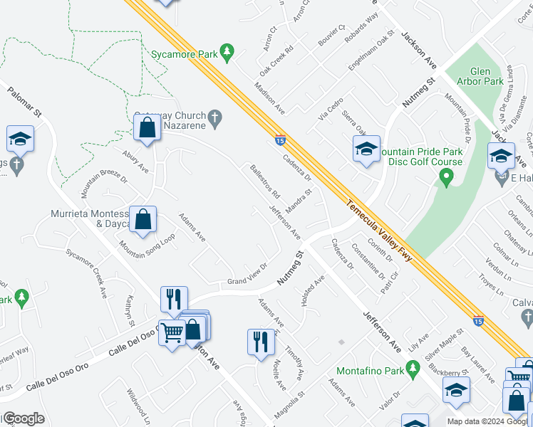 map of restaurants, bars, coffee shops, grocery stores, and more near 41438 Grand View Drive in Murrieta