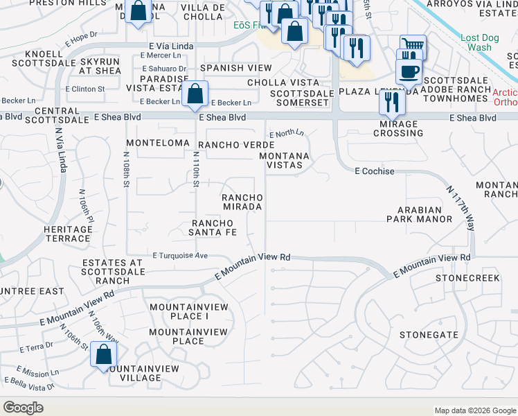 map of restaurants, bars, coffee shops, grocery stores, and more near 11160 East Gold Dust Avenue in Scottsdale