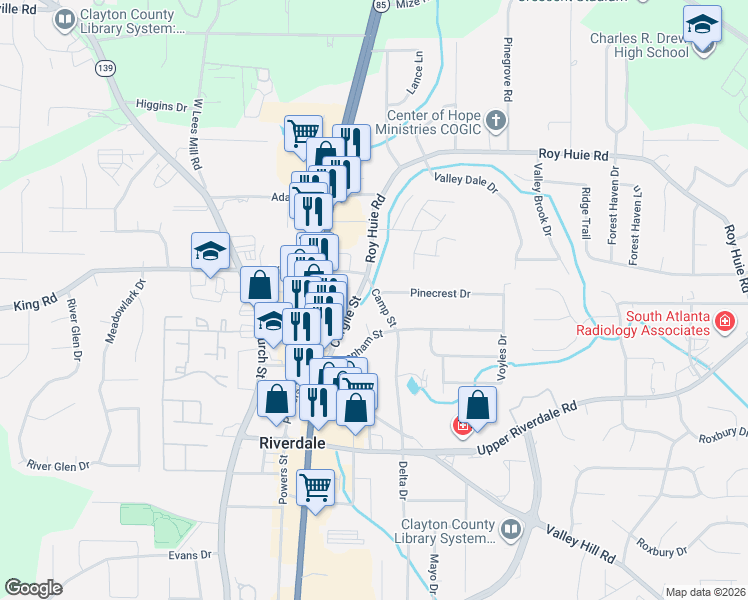 map of restaurants, bars, coffee shops, grocery stores, and more near 6477 Camp Street in Riverdale