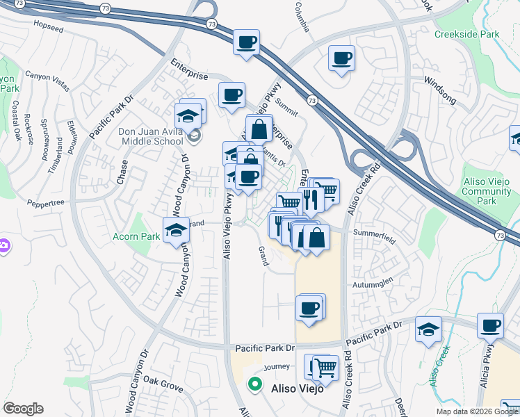 map of restaurants, bars, coffee shops, grocery stores, and more near 13 Brownstone Way in Aliso Viejo