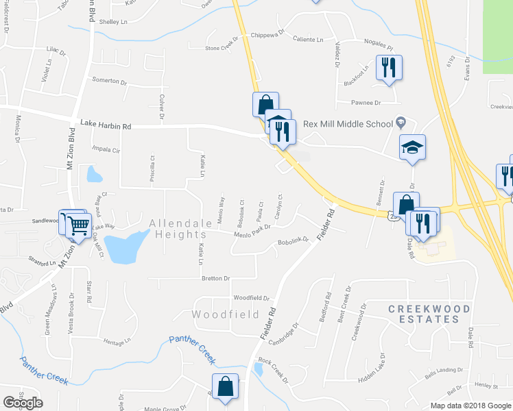 map of restaurants, bars, coffee shops, grocery stores, and more near 6483 Paula Court in Rex