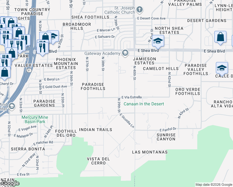 map of restaurants, bars, coffee shops, grocery stores, and more near 3858 East Vía Estrella in Phoenix