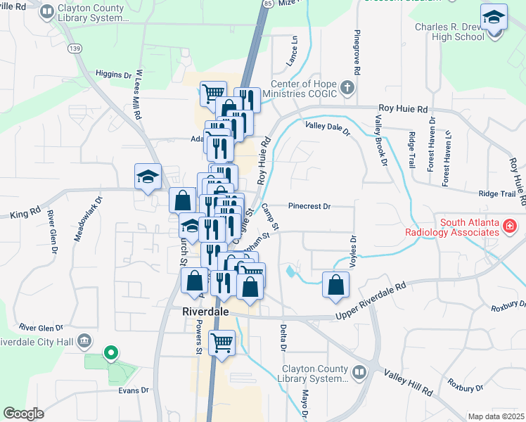 map of restaurants, bars, coffee shops, grocery stores, and more near 6477 Camp Street in Riverdale