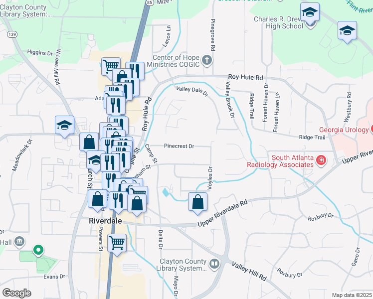 map of restaurants, bars, coffee shops, grocery stores, and more near 488 Pinecrest Drive in Riverdale