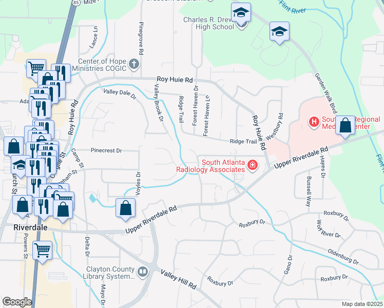 map of restaurants, bars, coffee shops, grocery stores, and more near 309 River Oak Drive in Riverdale