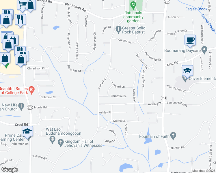 map of restaurants, bars, coffee shops, grocery stores, and more near 6503 Tent Valley Drive in Riverdale