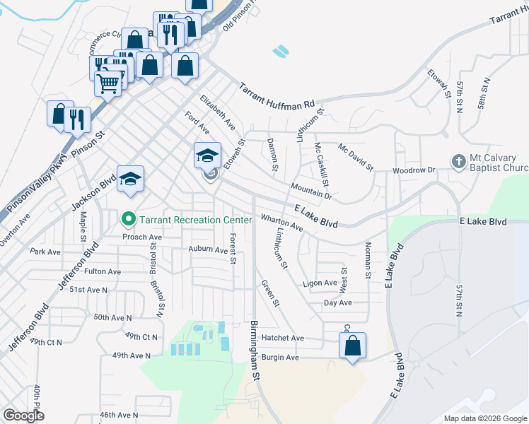 map of restaurants, bars, coffee shops, grocery stores, and more near 1612 Wharton Avenue in Birmingham