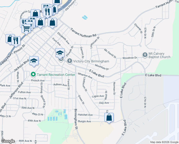 map of restaurants, bars, coffee shops, grocery stores, and more near 1708 Wharton Avenue in Birmingham