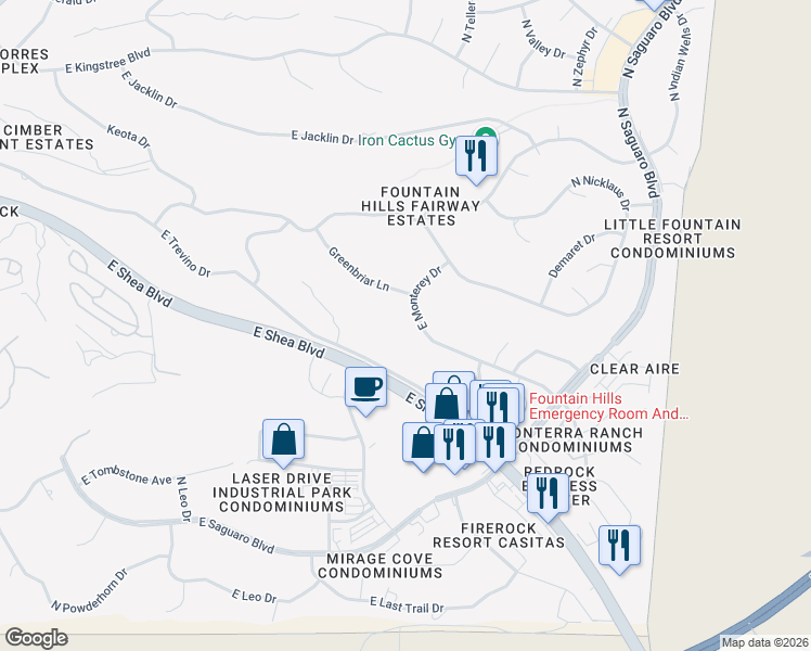map of restaurants, bars, coffee shops, grocery stores, and more near 16730 East Trevino Drive in Fountain Hills