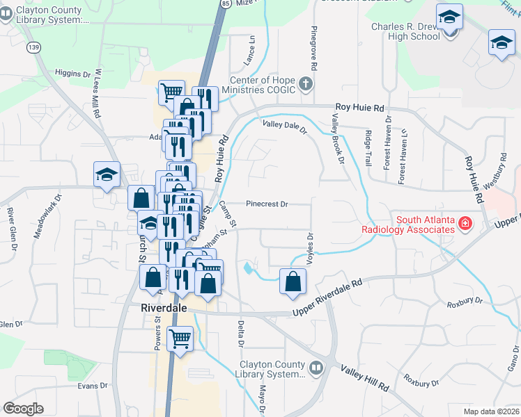 map of restaurants, bars, coffee shops, grocery stores, and more near 536 Pinecrest Drive in Riverdale