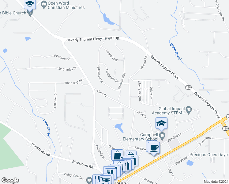 map of restaurants, bars, coffee shops, grocery stores, and more near 115 Splitwood Lane in Fairburn