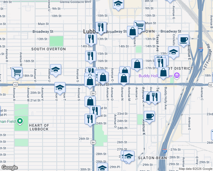 map of restaurants, bars, coffee shops, grocery stores, and more near 2099 Avenue P in Lubbock