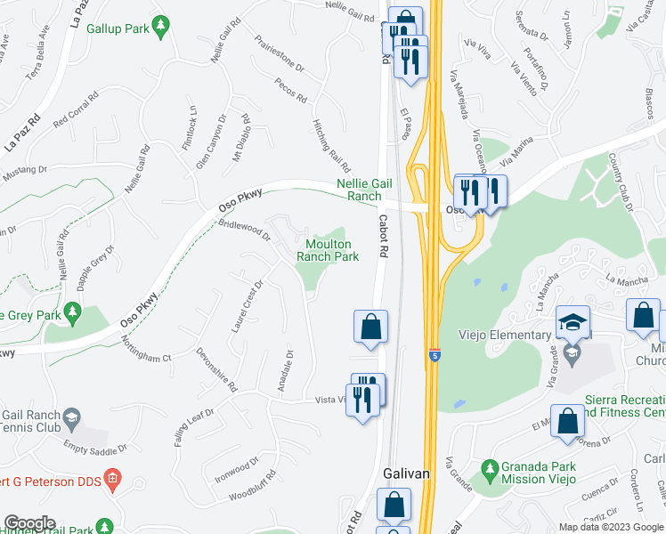 map of restaurants, bars, coffee shops, grocery stores, and more near 26522 Meadow Crest Drive in Laguna Hills