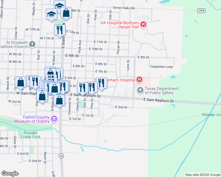 map of restaurants, bars, coffee shops, grocery stores, and more near 812 East 5th Street in Bonham