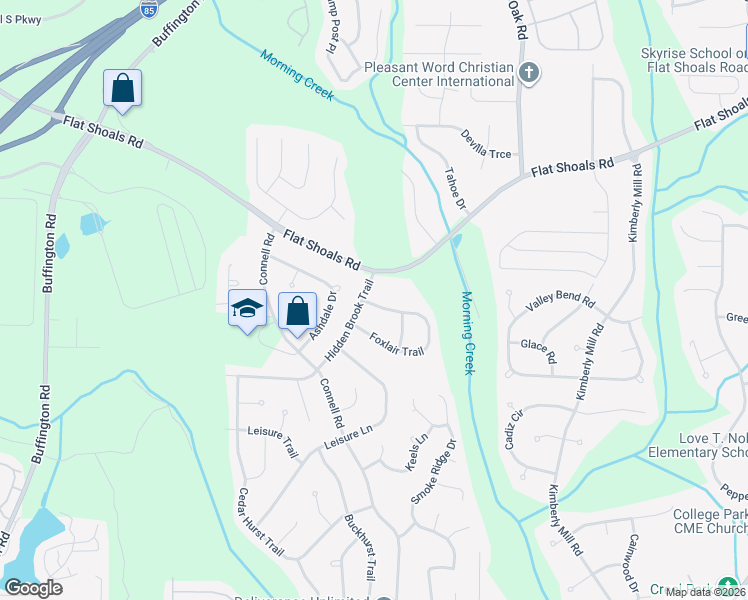 map of restaurants, bars, coffee shops, grocery stores, and more near 2580 Foxlair Trail in College Park