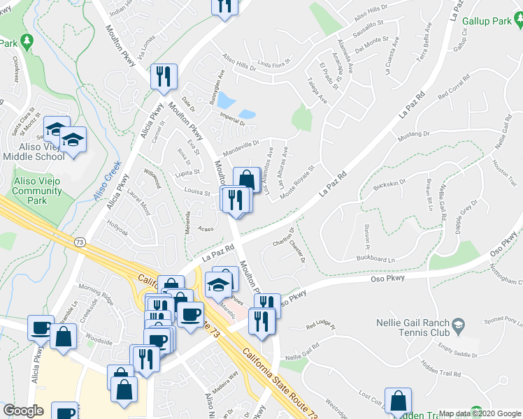 map of restaurants, bars, coffee shops, grocery stores, and more near 26548 Moulton Parkway in Laguna Hills