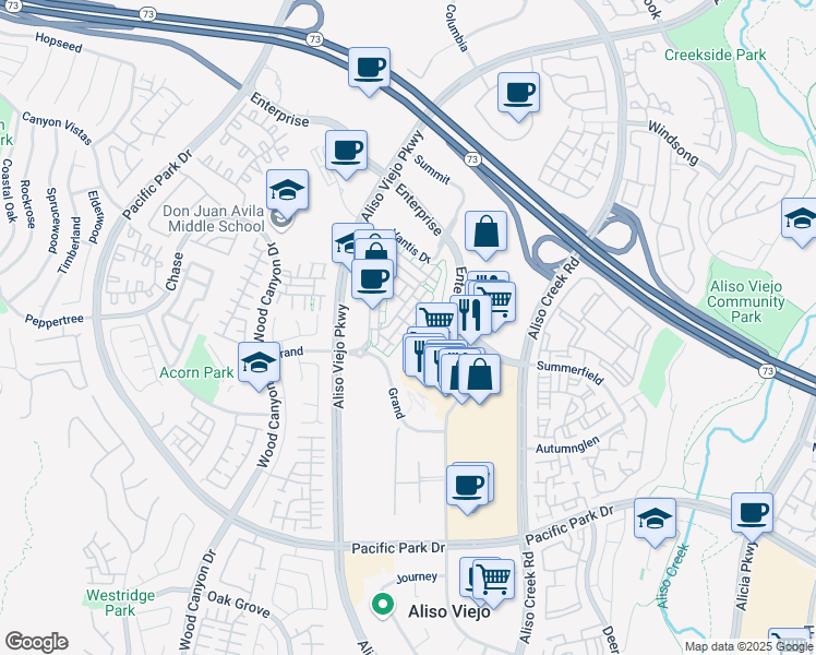 map of restaurants, bars, coffee shops, grocery stores, and more near 36 Meridian Drive in Aliso Viejo