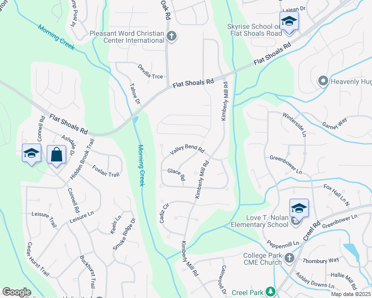 map of restaurants, bars, coffee shops, grocery stores, and more near 3345 Valley Bend Road in College Park