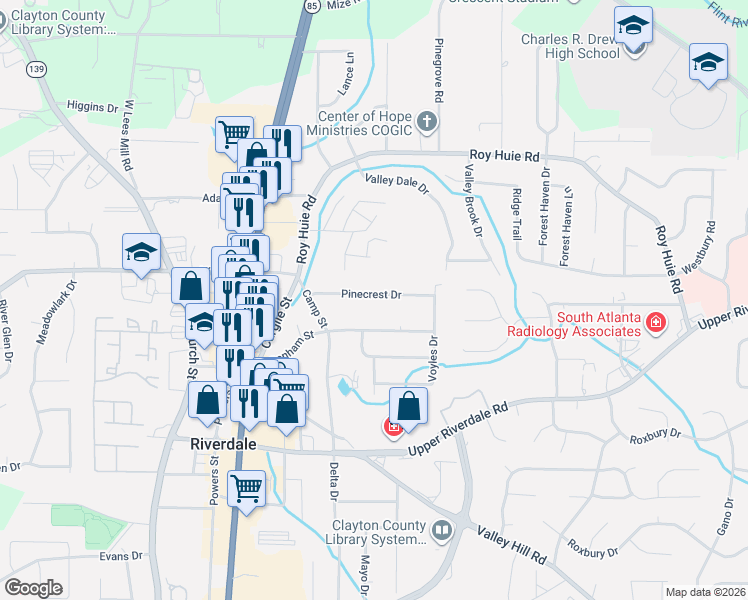 map of restaurants, bars, coffee shops, grocery stores, and more near 488 Pinecrest Drive in Riverdale