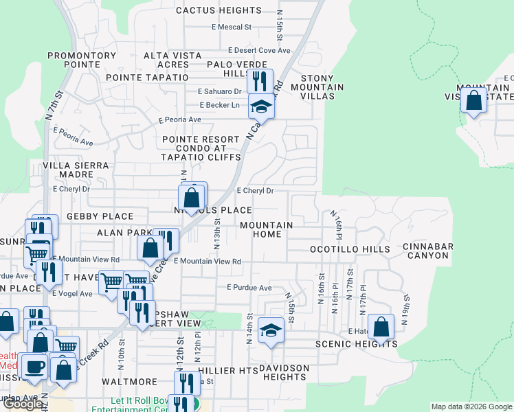 map of restaurants, bars, coffee shops, grocery stores, and more near 1416 East Brown Street in Phoenix