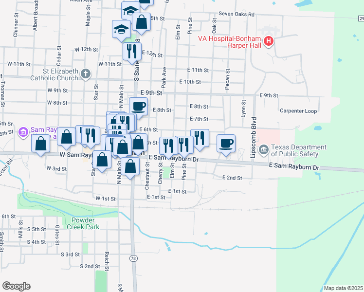 map of restaurants, bars, coffee shops, grocery stores, and more near 519 East Sam Rayburn Drive in Bonham