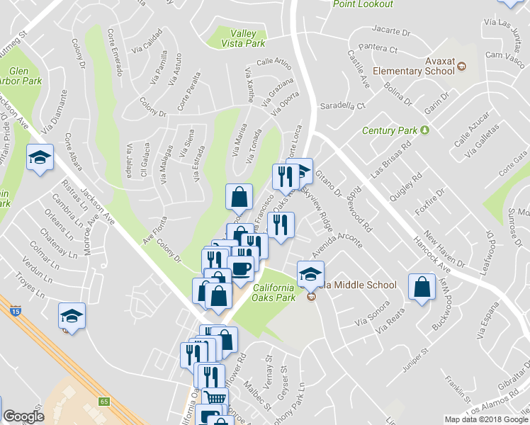 map of restaurants, bars, coffee shops, grocery stores, and more near 40380 Vía Francisco in Murrieta