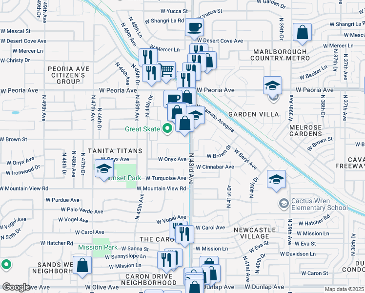 map of restaurants, bars, coffee shops, grocery stores, and more near 10030 North 43rd Avenue in Glendale
